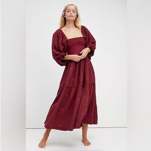 Free People | Burgundy Dahlia Maxi Dress | Cotton | Flower Embroidered | XS/S